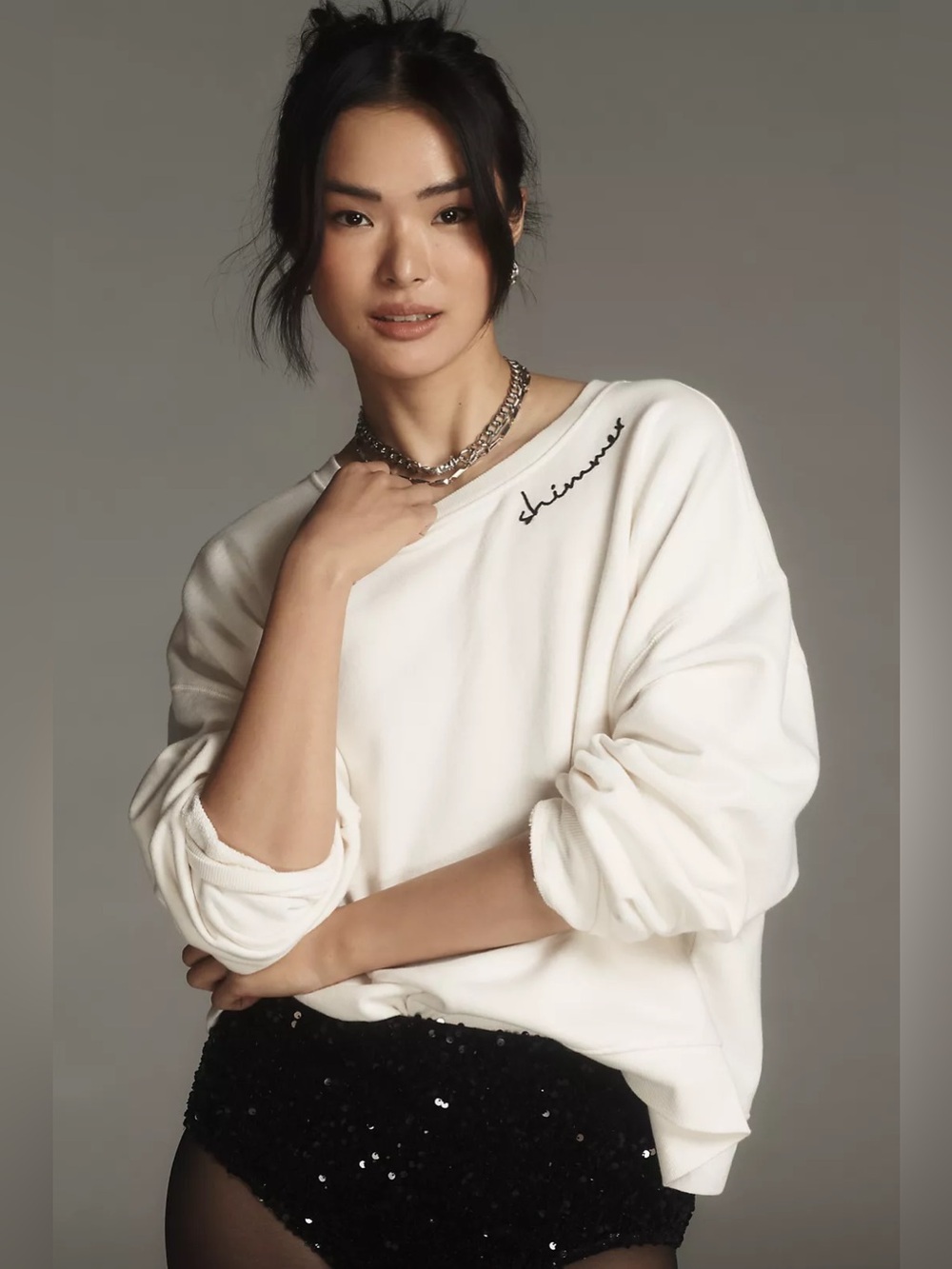 NWT Anthropologie Pilcro Embroidered Shimmer Sweatshirt Ivory L